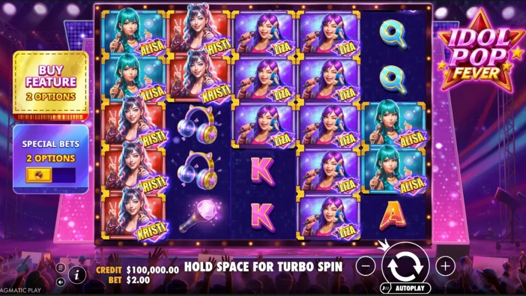 Tampilan visual panggung neon dan karakter idola dalam slot Idol Pop Fever