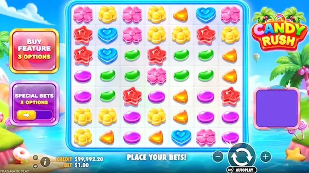 Tampilan visual slot Candy Rush yang penuh warna dengan tema permen tropis.