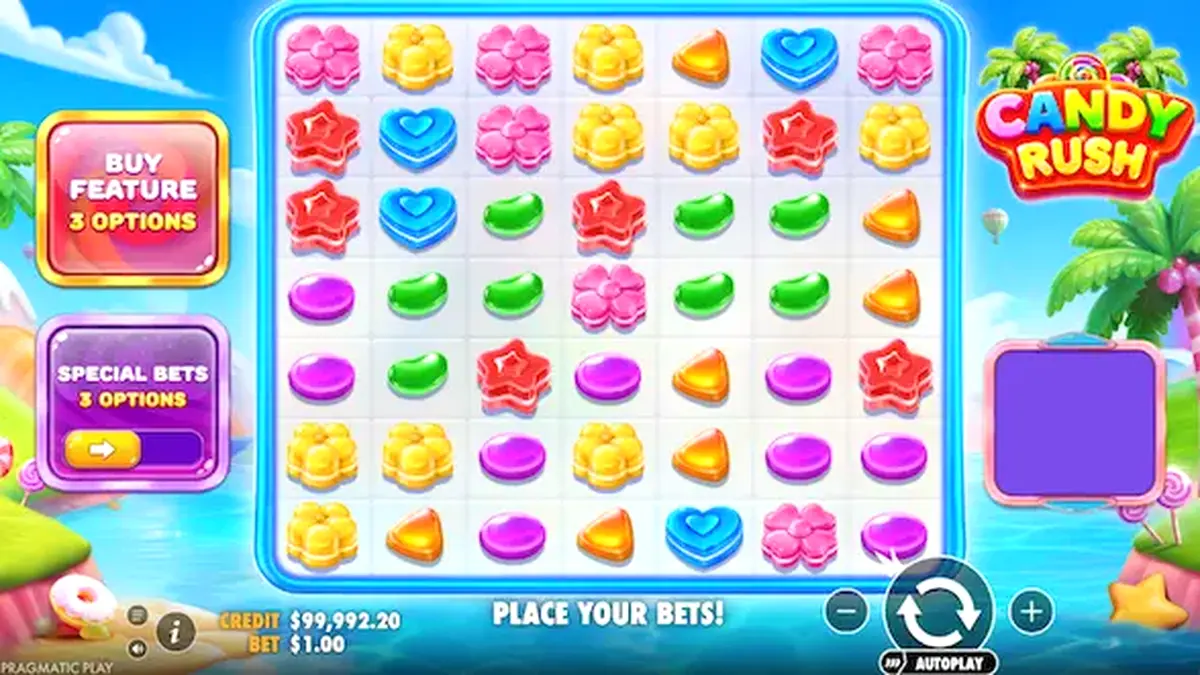 Tampilan visual slot Candy Rush yang penuh warna dengan tema permen tropis.