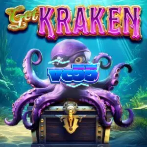 Pemandangan bawah laut yang misterius dengan simbol Kraken dan peti harta karun di slot Get Kraken.